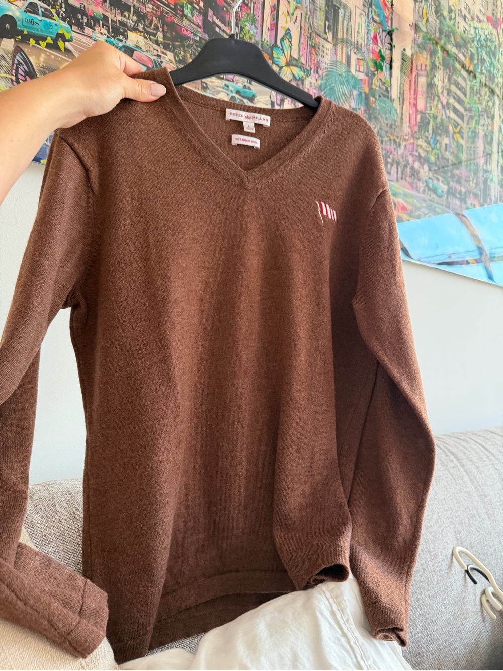 🩶Peter Millar 100% Merino Wool Chest-Logo V-Neck Sweater